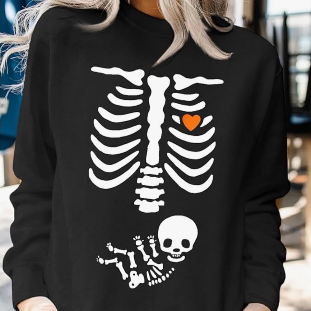 Black Maternity Skeleton Graphic Crewneck Sweater with Orange Heart